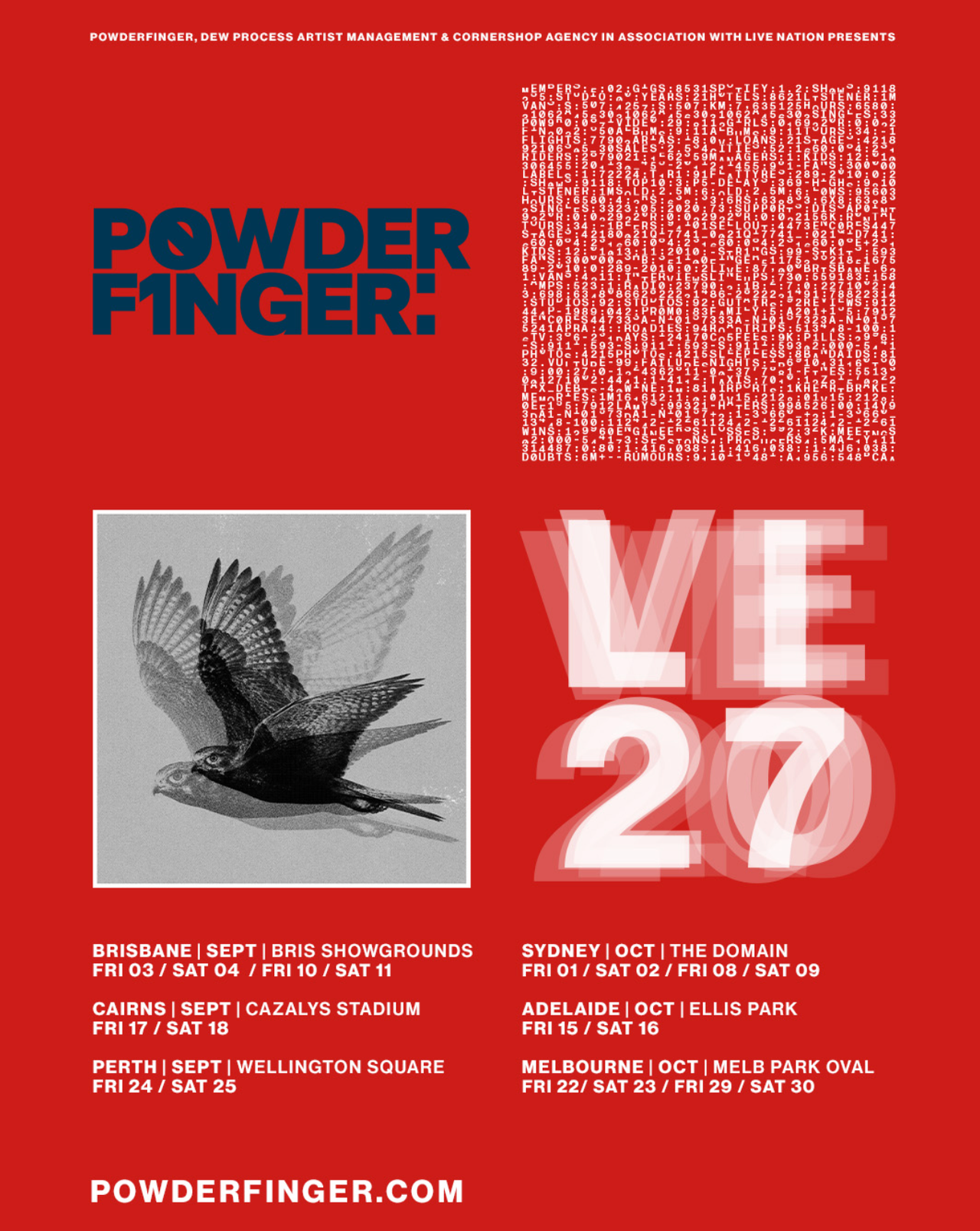 Red Powderfinger tour poster featuring a flying bird graphic, "LIVE 27" text, and Australian concert tour dates for Brisbane, Sydney, and more.